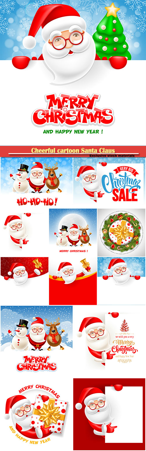 Cheerful cartoon Santa Claus with golden jingle bell, vector Merry christmas and New Year greeting card