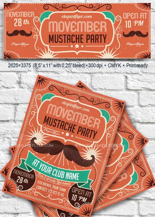 Movember Mustache Party V33 2017 Flyer PSD Template + Facebook Cover