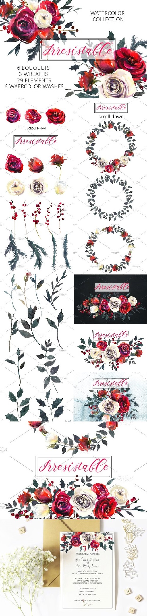 Red Roses Watercolor Clipart Set - 1076143
