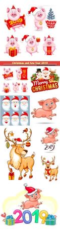 Christmas and New Year 2019 vector illustration, cartoon pigs