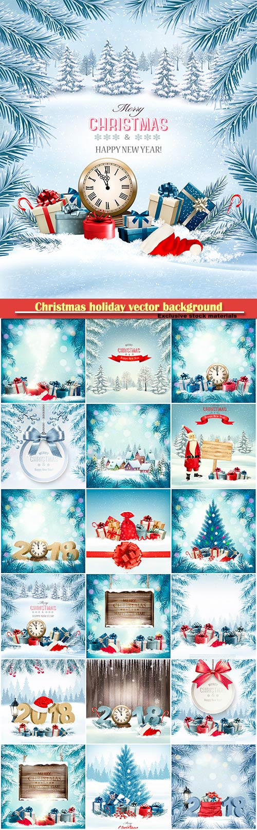 Christmas holiday vector background with a blue tree and presents