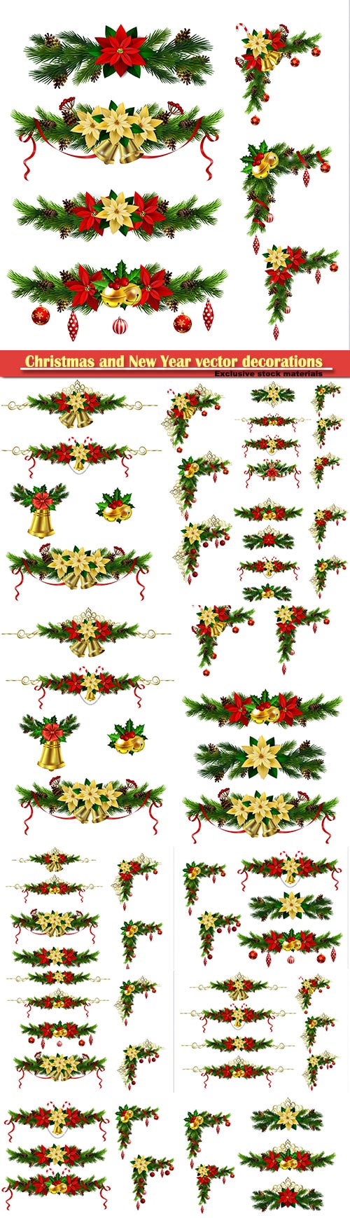 Christmas and New Year vector decorations with fir branches, red ribbons and bells