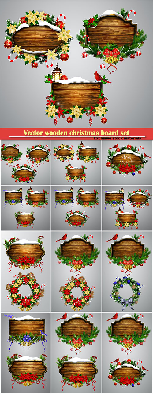 Vector wooden christmas board set with christmas tree Cardinal bird and dec ...